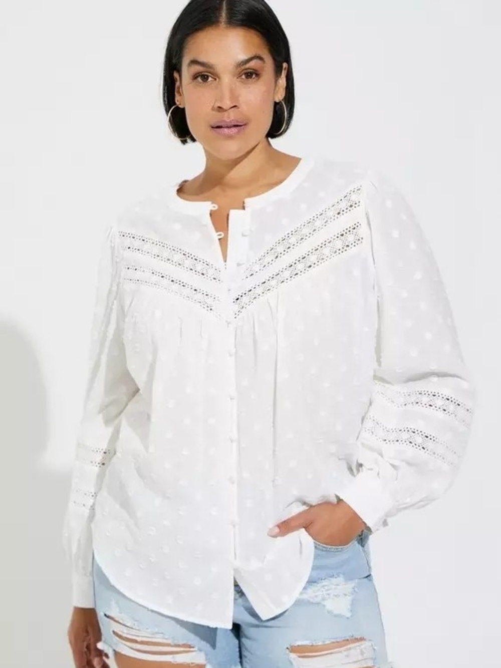 torrid White Clip Dot Floral Lace Trim Long Sleeve Top 3X NWT